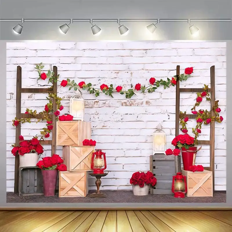 

Red Rose Brick Wall Wood Boxes Stepladder Newborn Baby Shower Backdrops Photography Kids 1st Birthday Portrait Photo Background