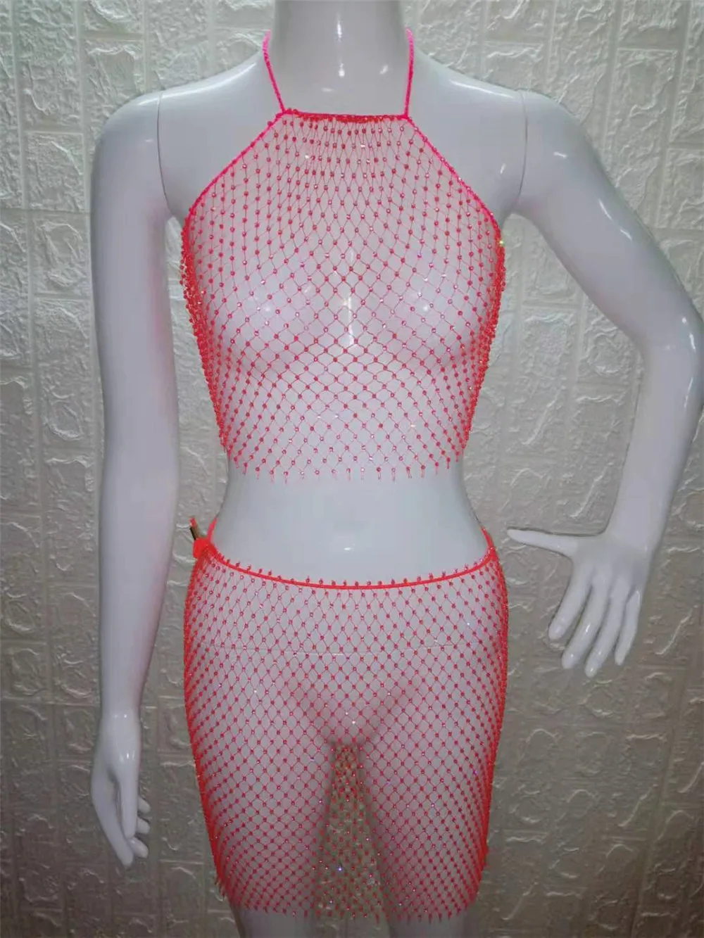 PARAKINI Sparkly Crystal Diamonds Bikini Beach Women Dress Beach Cover Up Dresses Fishnet Cropped Top Two Pieces Set Beach Dress