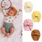 Милая детская шапка с бантом, тюрбан, одноцветная мягкая хлопковая шапка для маленьких мальчиков и девочек, шапка с заячьими ушками, головная повязка для новорожденных, повязка на голову