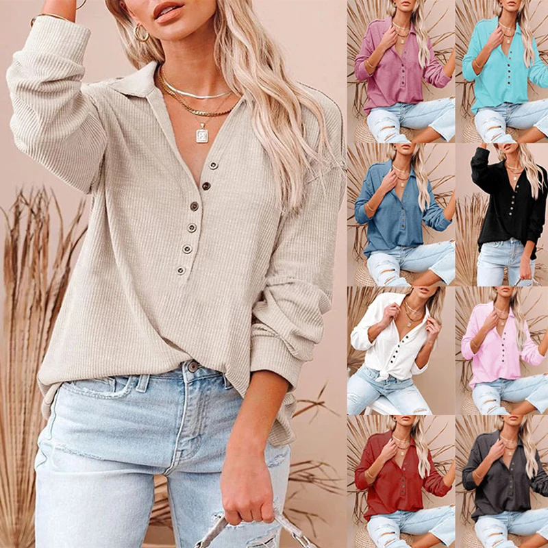 

Bikoles Autumn Winter Fashion Turn Down Collar Solid V Neck Buttons Loose Ladies T Shirt Casual Loose Long Sleeve Ladies T Shirt