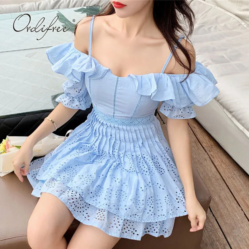 

Ordifree 2021 Summer Vintage Women Ruffle Mini Dress Short Sleeve Spaghetti Strap Blue Embroidery Party Dress