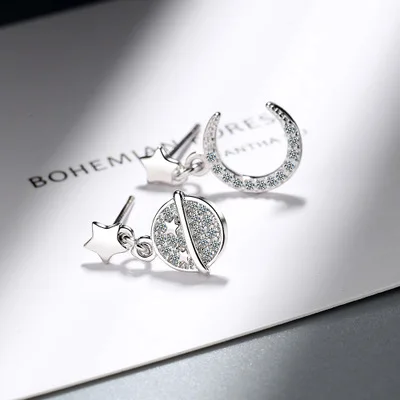 Sampanda Silver-plated Moon Planet Pentagon Star Simple Asymmetric Short Stud Earrings Fashion Jewelry For Women | Украшения и