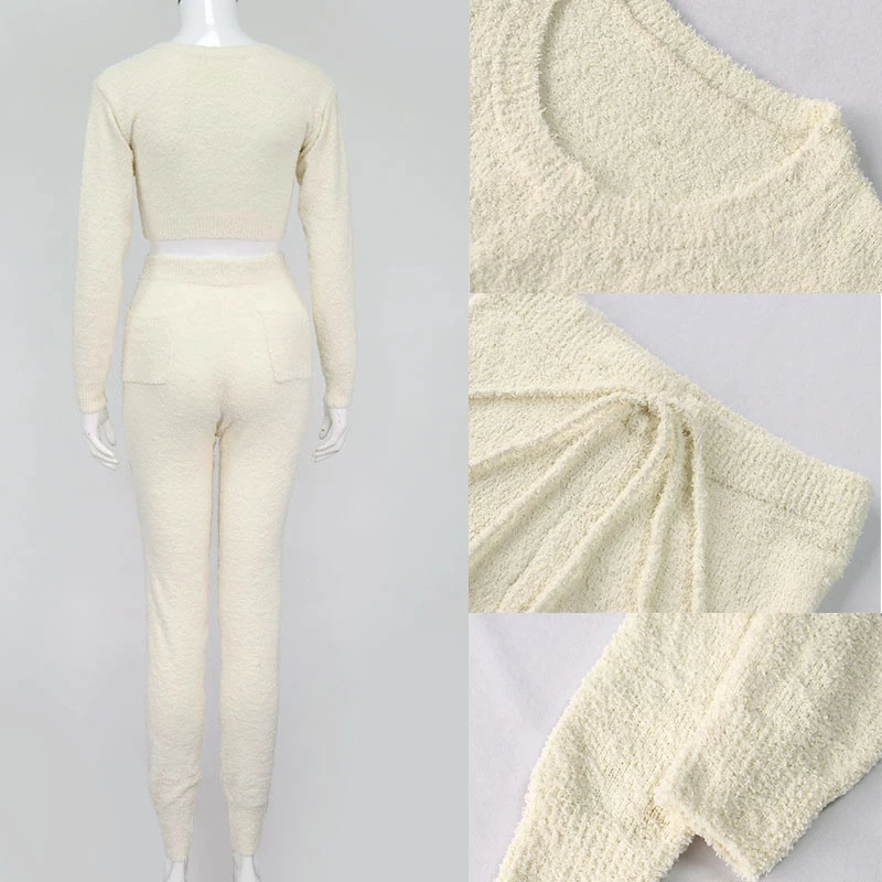

Giyu 2 Piece Set Women 2020 Autumn Winter Plush Sweater Knitted Set Casual Crop Top Pants Set Tracksuit Elegant Two Piece Set