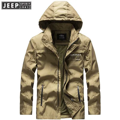JEEP SPIRIT Новая модная Осенняя военная куртка мужская повседневная с капюшоном воротник Мужская куртка сетчатая верхняя одежда на подкладке ветровка куртка пальто - Цвет: Хаки