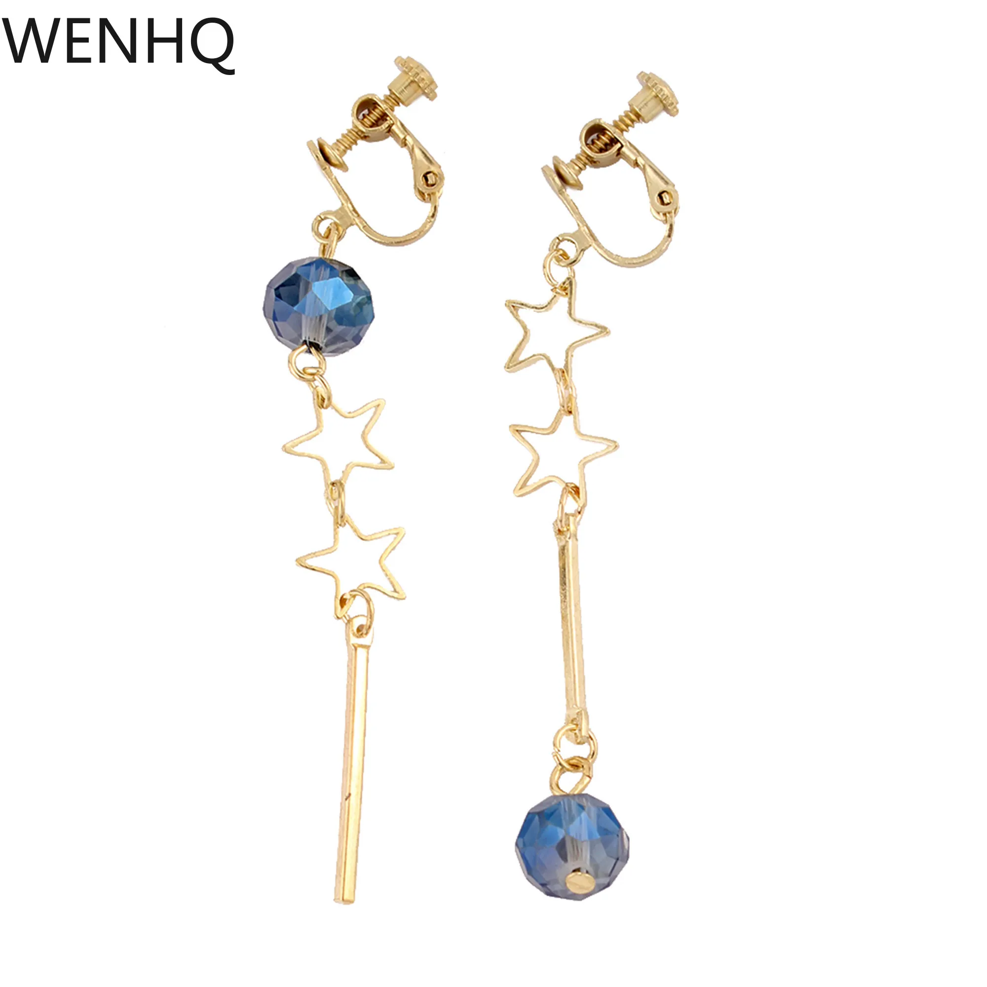 Женские серьги-клипсы WENHQ с двумя звездами, модные серьги-каффы с кристаллами, длинные золотистые Клипсы-каффы в Корейском стиле, Новинка