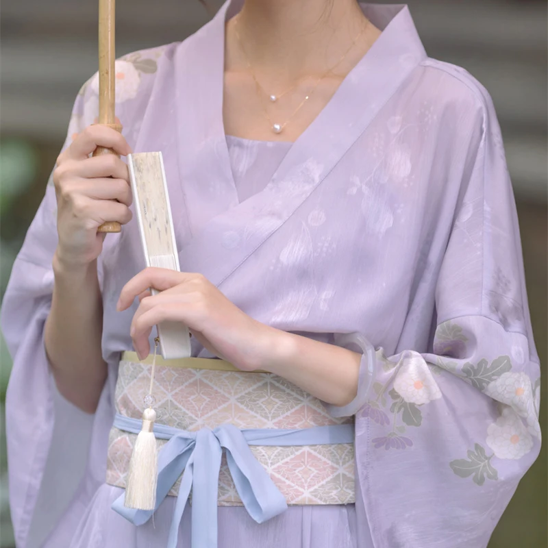 

Ladies Kimono Japanese Style Moon Rabbit Floral Printing Elegant Cardigan Sling Dresses Bow Lacing Gentle Lilac Purple Yukata
