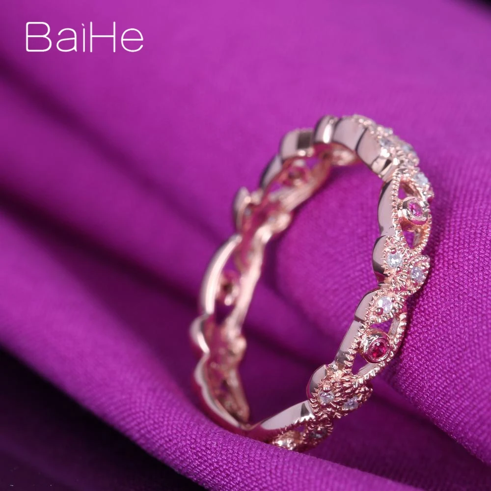 BAIHE Solid 14K розовое золото(AU585) 0.2CT Certified H/SI круглые натуральные бриллианты и рубины обручальное кольцо модные ювелирные украшения Подарочное кольцо