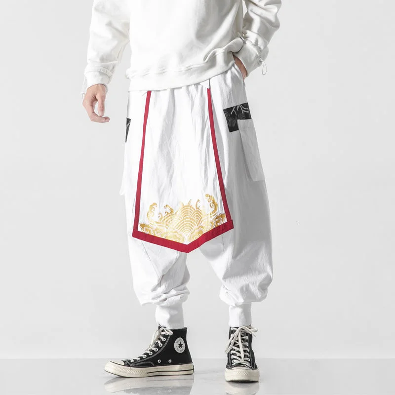 

MrGB Cotton Linen Men Wide Leg Pants Chinese Lucky Cloud Graphic Male Harem Pants Oversize Trousers Loose Vintage Men's Clothing