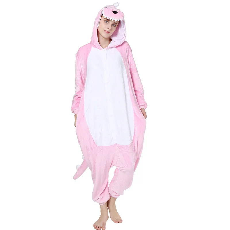 

Flannel Pink Dinosaur Cartoon Animal Onesie For Both Men And Women Parent-Child Winter Long-Sleeve Couples Pajamas