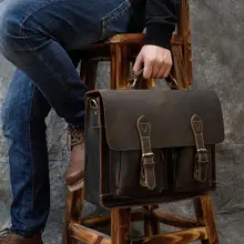 Vintage Men Briefcase Crazy Horse Genuine Leather Man Male Laptop Handbag Large Shoulder Messenger Portfolio Bag Business Case