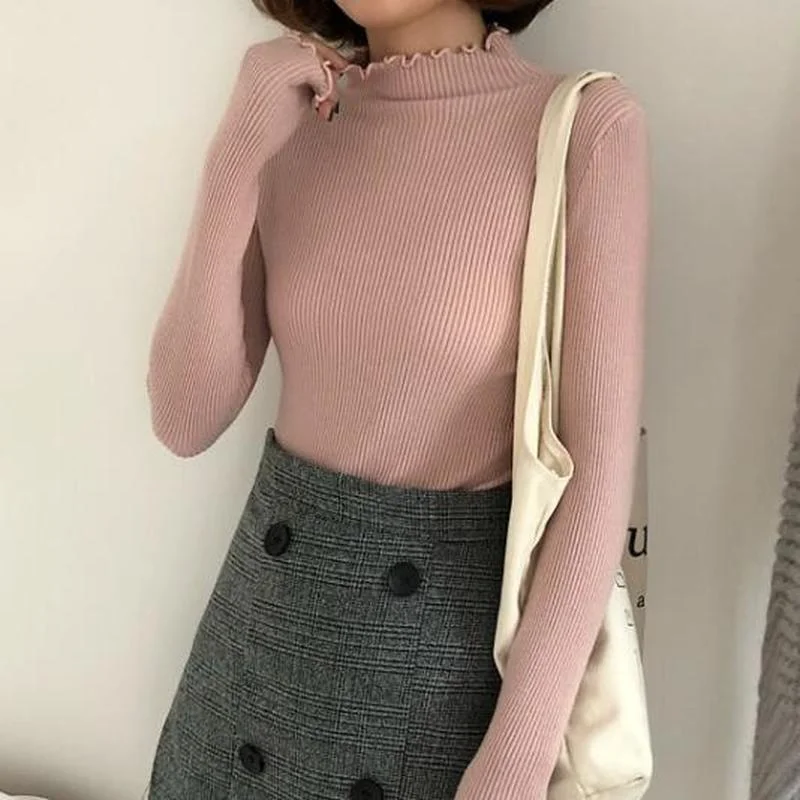 2022 Spring Winter Fashion Slim Sweater Women Turtleneck Ruched High Elastic Solid Sexy Knitted Pullovers 6785 | Женская одежда
