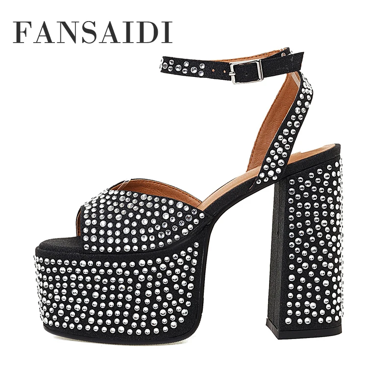

FANSAIDI Summer Fashion Women's Shoes Silver Gold New Elegant Chunky Heels Consice Waterproof Sexy Block Heels 40 41 42 43