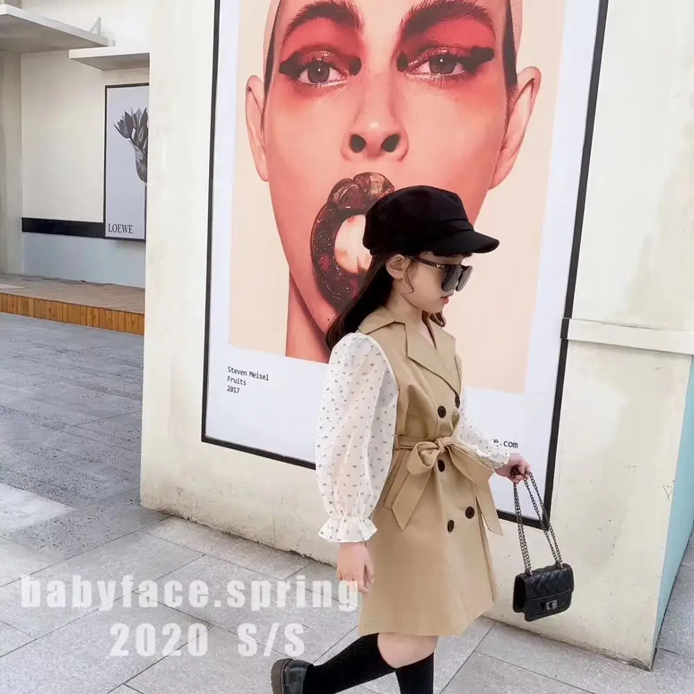 Children's clothing 2020 spring new girl fashion net yarn sleeve stitching in the long windbreaker tide | Детская одежда и