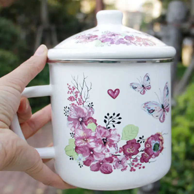 Large Capacity Enamel Water Cup Retro Classic Thickened Cylinder with Lid Vintage Iron Tea Mug Coffee | Дом и сад