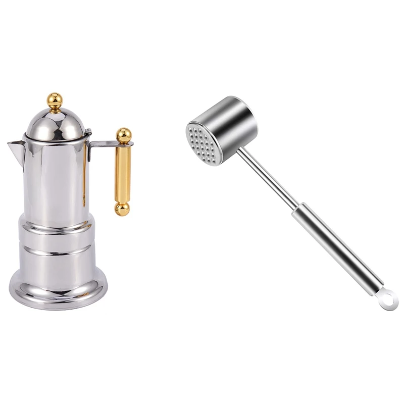 

1 Pcs Meat Hammer Loose Meat Hammer & 1 Set 200Ml 4 Cups Stainless Steel Coffee Pot Moka Coffee Maker