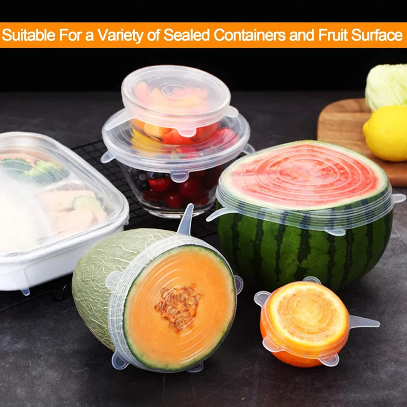 

6 pieces of silicone stretch lid, fresh fruit stretch film, plastic wrap, multi-function airtight microwave bowl lid