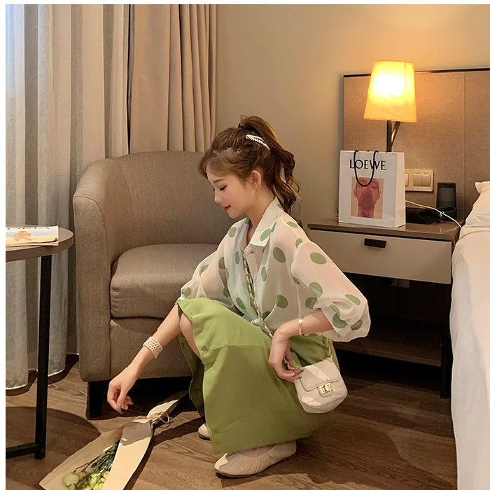 Шифоновая рубашка в горошек солнцезащитное платье из двух частей на