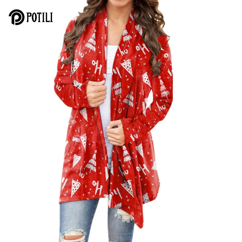 

POTILI Рождественская Женская мода, красный свитер, топы Y2K, длинный большой джемпер с принтом, праздничная уличная одежда