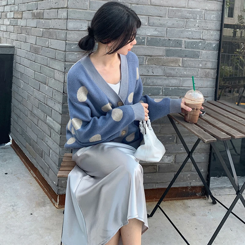 Модные укороченные кардиганы для женщин однобортный женский свитер в горошек 2019