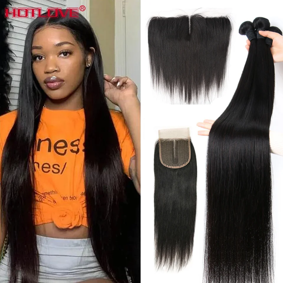 

36 38 40 Inch Straight Bundles With Closure Human Hair Bundles With Frontal Pre Plucked Peruvian Remy Straight Long Extensions
