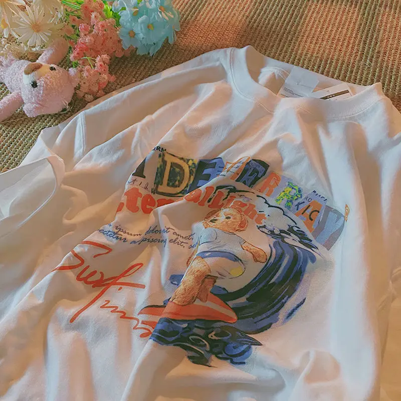 

2021 Harajuku cartoon gothic print short sleeve Bear T-shirt women tops Summer streetwear O-neck sweet girls tee shirt