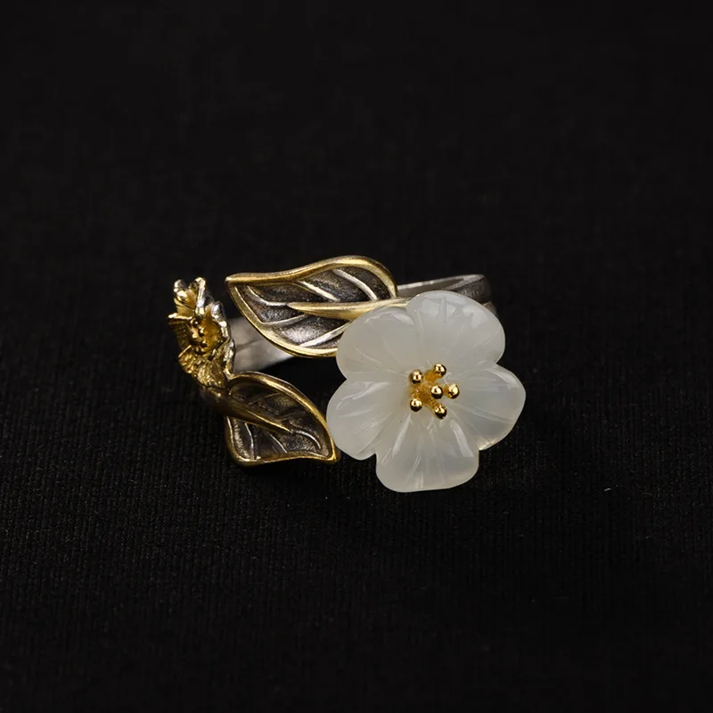 

Wholesale 925 Sterling Silver Gold-Plated Leaf Inlaid Natural Hetian Jade White Jade Plum Blossom Ring Women's Retro Open Ring