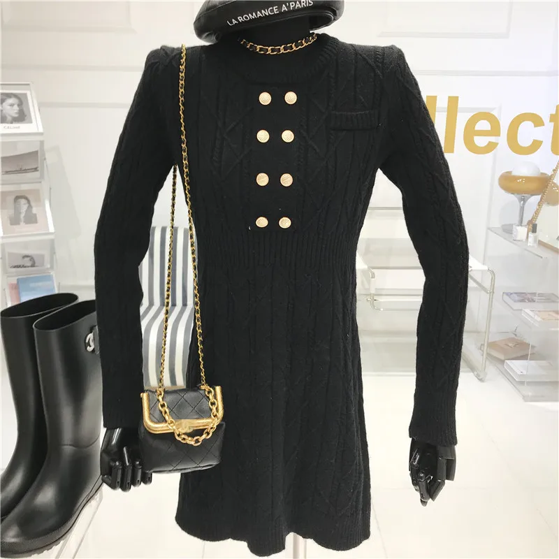 

Temperament Double Breasted Knitted Dress Women's Spring 2021 Niche Design New Slim Sweater Dress