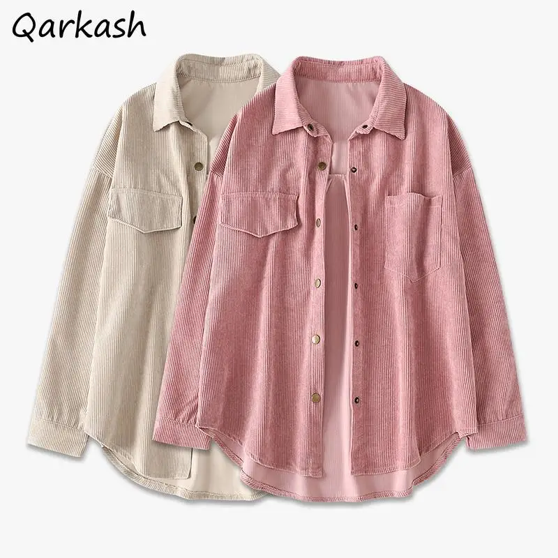 

Куртка женская Вельветовая Базовая в винтажном стиле, свободная верхняя одежда в Корейском стиле с длинным рукавом, однотонная универсальн...