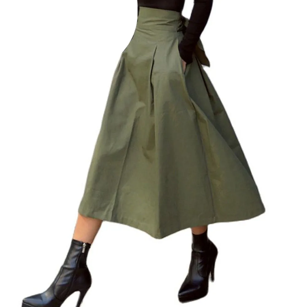 

Fashion Vintage Big Swing A Line Skirts Womens Army Greeen High Waist Bow Belted Midi Skirts Korean Style Ladies Long Faldas