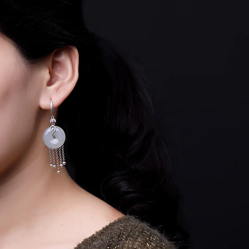 

Wholesale Vintage S925 Sterling Silver Inlaid Hetian Jade Safe Buckle Eardrop Women's Natural Jade and Silver Tassel Earrings