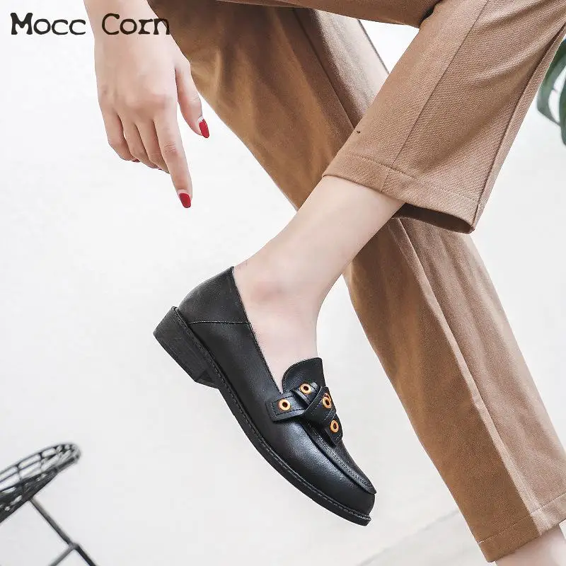 Мокасины женские кожаные туфли на плоской подошве без застежки круглый носок