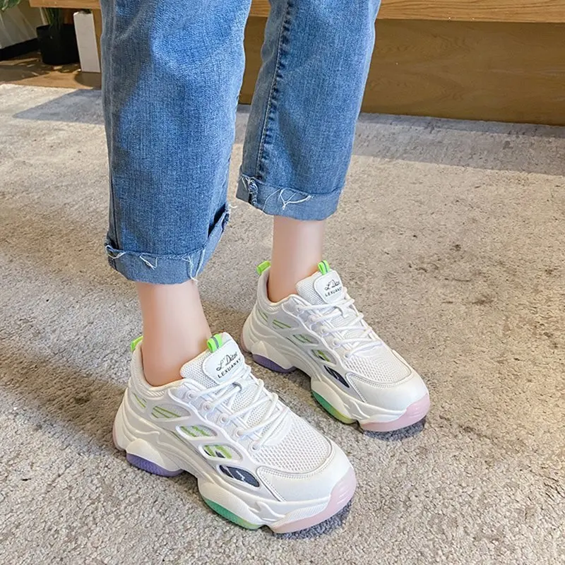 

2021 Summer Women Sneakers Vulcanize Breathable Rainbow Color Fashion Casuals Height Increasing Female Chunky Ladies Shoe