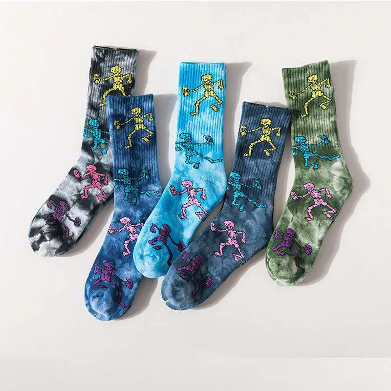 

Trend tie dye stockings skeleton skateboard socks Terry high hose Street trend