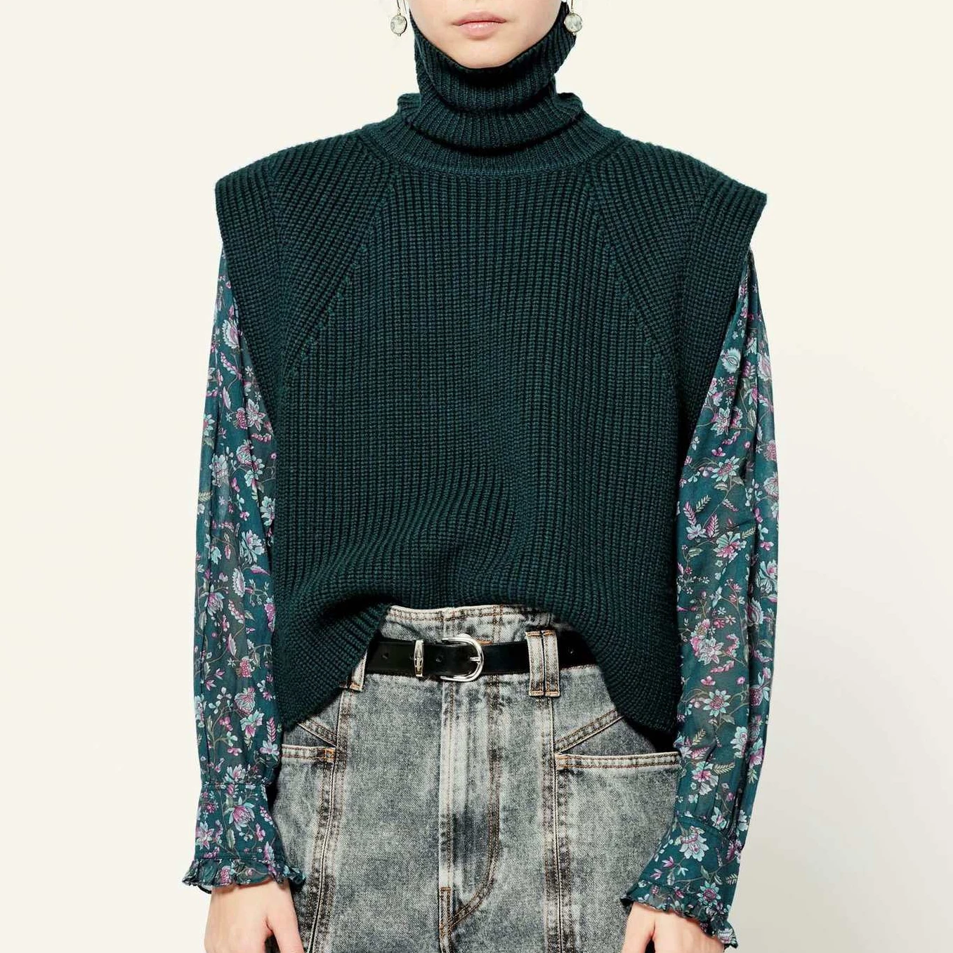 

Women Sweater Turtleneck Sleeveless Cardigan Sweater Knitwear 100% Wool