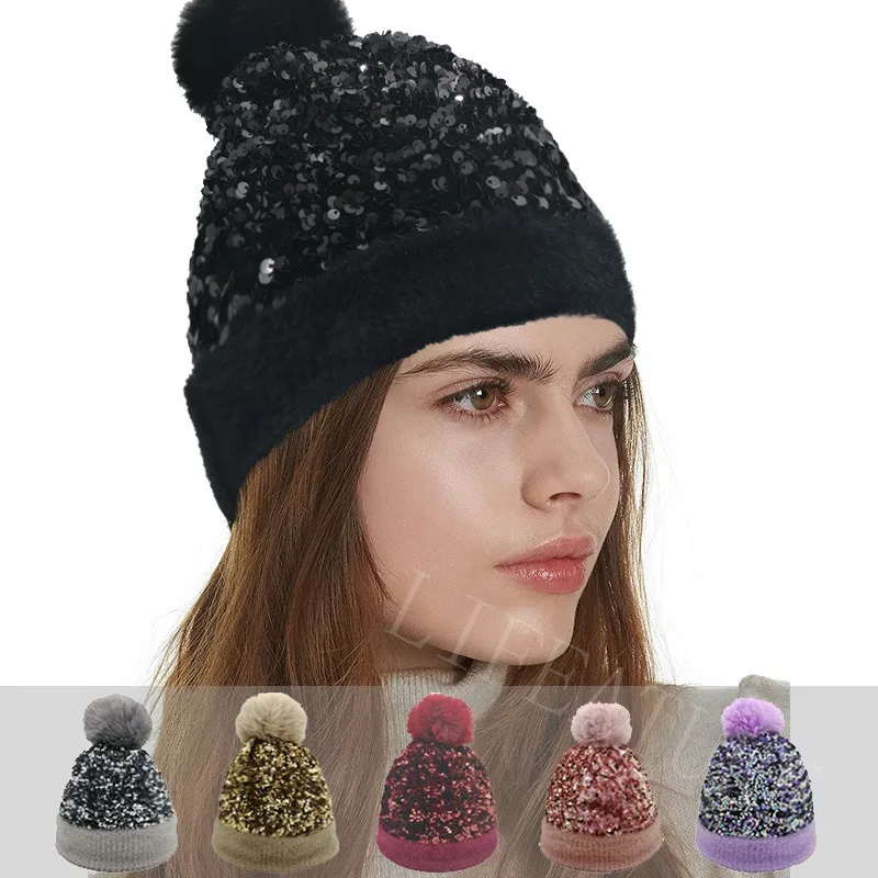 

Новинка 2021, зимняя вязаная шапка с блестками, женские осенние мягкие теплые шапки, шапки, шляпа, Женская Повседневная шапка для девушек, опто...