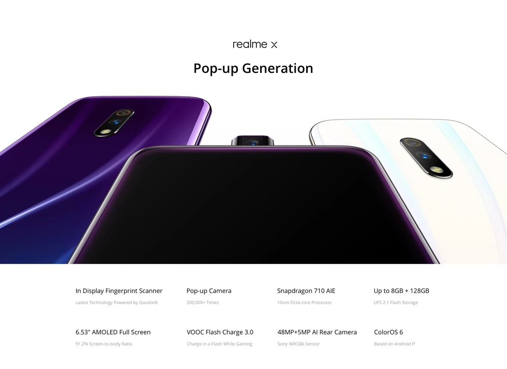 Realme X Snapdragon 710, четыре ядра, 4 ГБ, 64 ГБ, 6,53 дюйма, FHD+ мобильный телефон, 48MP камера VOOC 3,0, быстрое зарядное устройство, смартфон