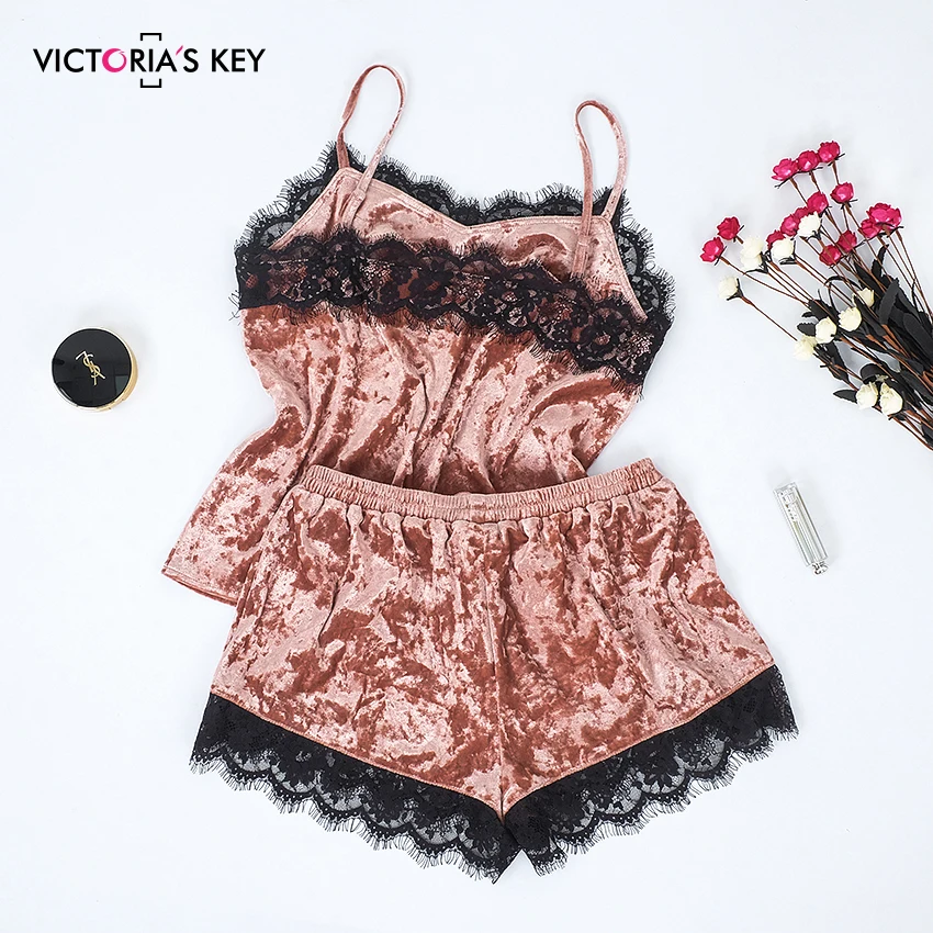 VICTORIA'S KEY, розовая бархатная Пижама, шорты на бретельках, женские сексуальные кружевные летние пижамы на бретельках без рукавов, Женский комплект