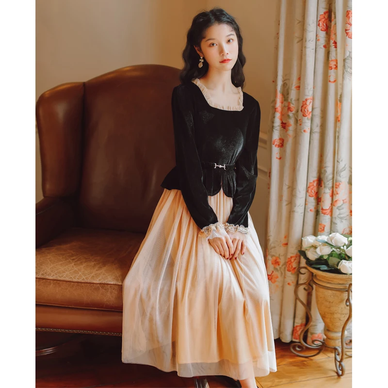 

2020 new fashion women's clothing Square Collar Full Vintage Patchwork dress women dresses