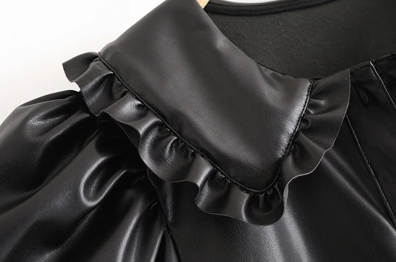 

Fashion Ruffles Faux Leather Summer Dress for Women Vintage Puff Sleeve Button Up Mini Dress Female Chic Elegant Black Vestidos