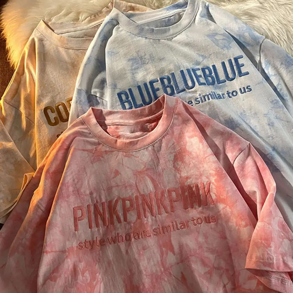 

Short Sleeve T-shirts Women Letter Embroidery Tie Dye Oversize Hip Hop Loose Korean Style All-match Students Simple O-neck