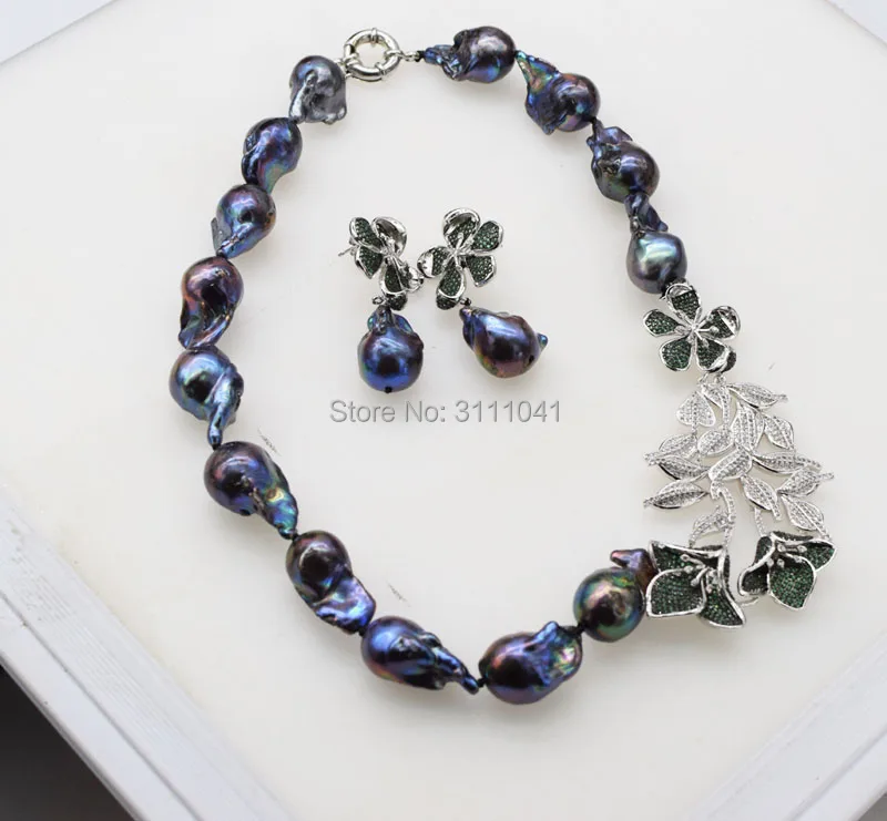 

freshwater pearl black reborn keshi baroque necklace earrings +flower pendant 19inch FPPJ wholesale beads nature