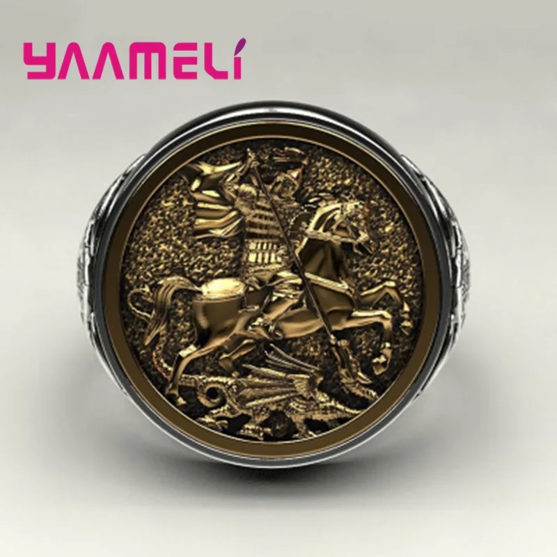 

Outlets 925 Ring for Men Sterling Silver Soldier Dragon Hero Design Stylish Hip Hop Punk Wide Band Personality Heavy Jewelry