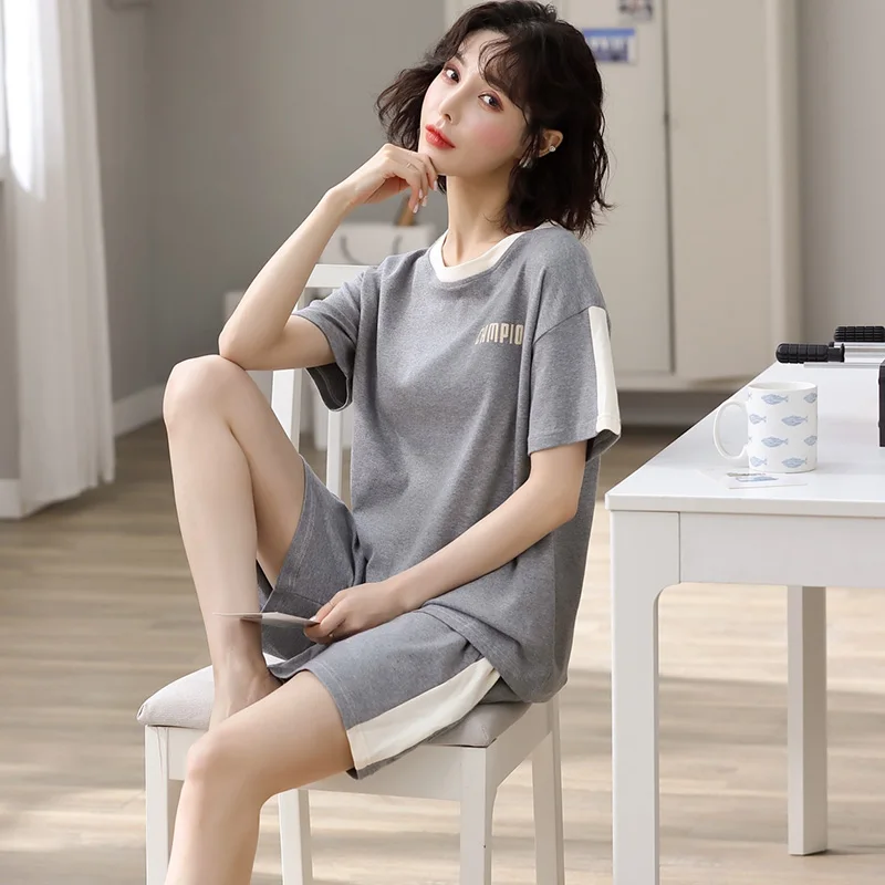 Womens Cotton Summer Pajamas Korean Style Loose Short Sleeved Shorts Thin Suit Student Minimalist Home Wear Spring and Autumn