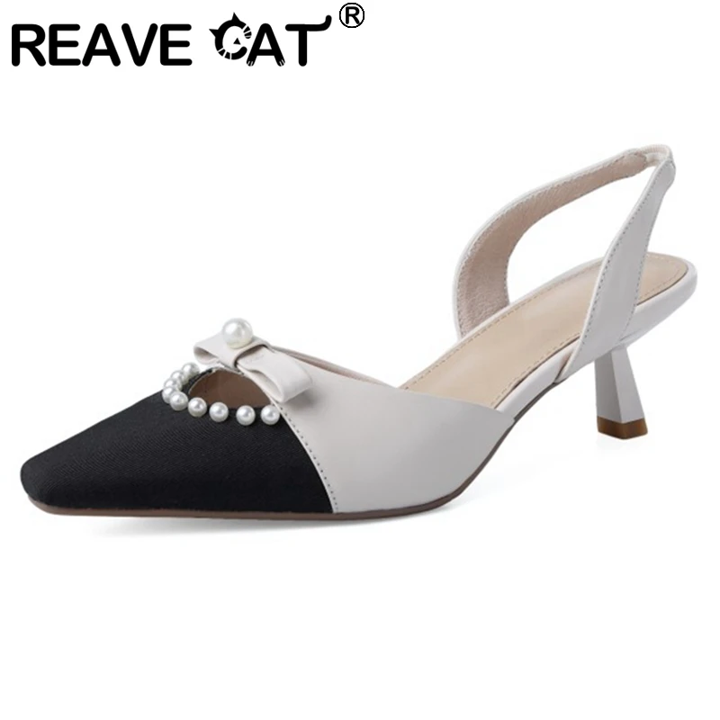 

REAVE CAT 2021 Patchwork Pumps Beading Bowtie Pointed Toe Elastic Band Back Strap Slingbacks 5cm Strange Heel US11 Brown A4313