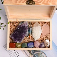 crystal stone gift wood box set amethyst cluster quartz mineral stones rough ore mystery specimen healing souvenirs