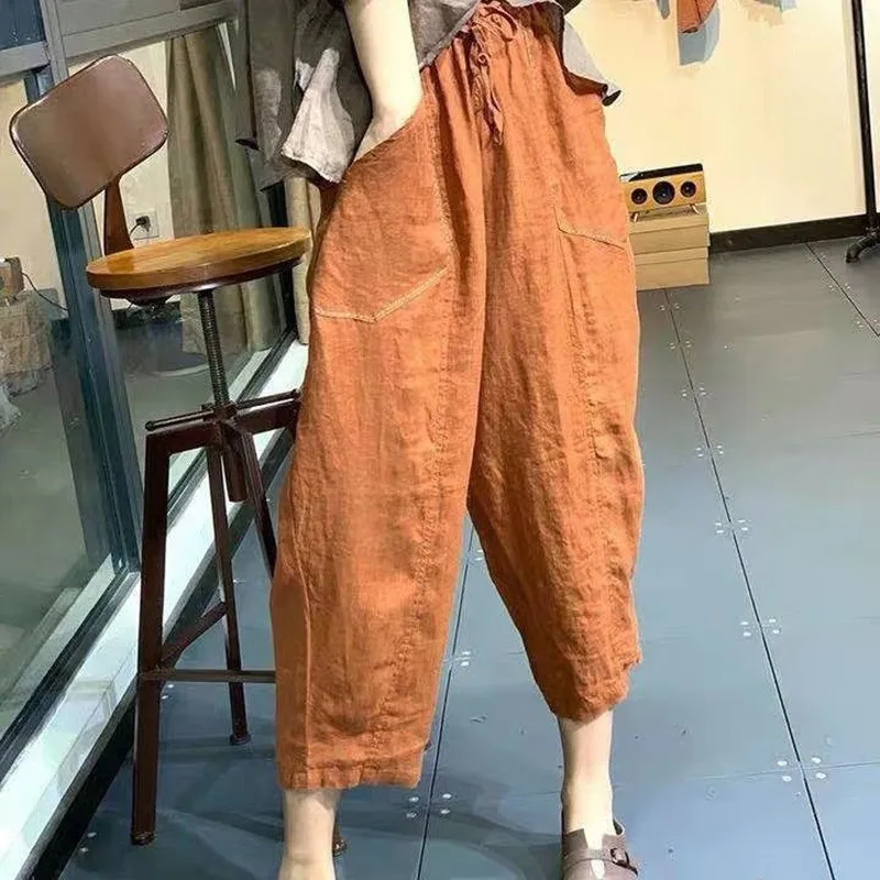 

2021 New Arrival Summer Arts Style Women Loose Casual Elastic Waist Harem Pants All-matched Cotton Linen Ankle-length Pants W117