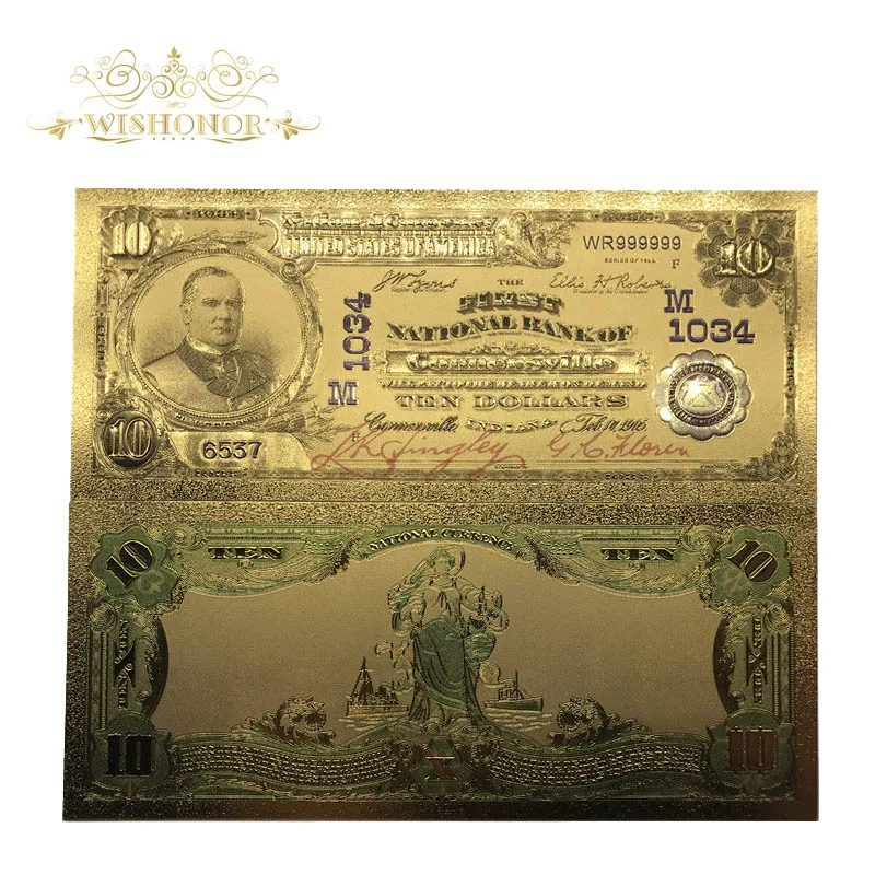 

10Pcs/Lot 1902 Year America Color Gold Banknote USD 10 Dollar Banknote 24K Plated Fake Money Replica For Collection