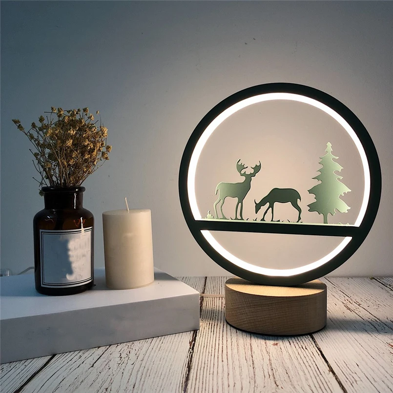 

Led night light wood color bedside lamp American style living room bedroom night light Christmas elk wooden lamp 30S26