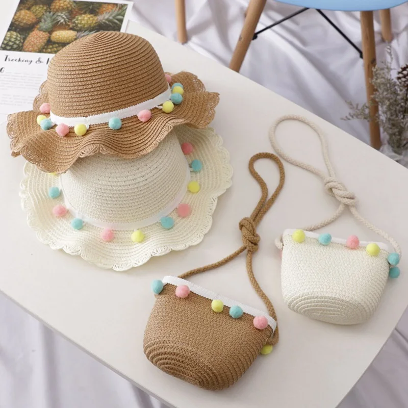 

Child Girl Summer Straw Hat Woven Hand Bag Small Ball Decorate Sun Protection Holiday Outdoor Lovely Kids Straw Fisherman Hat