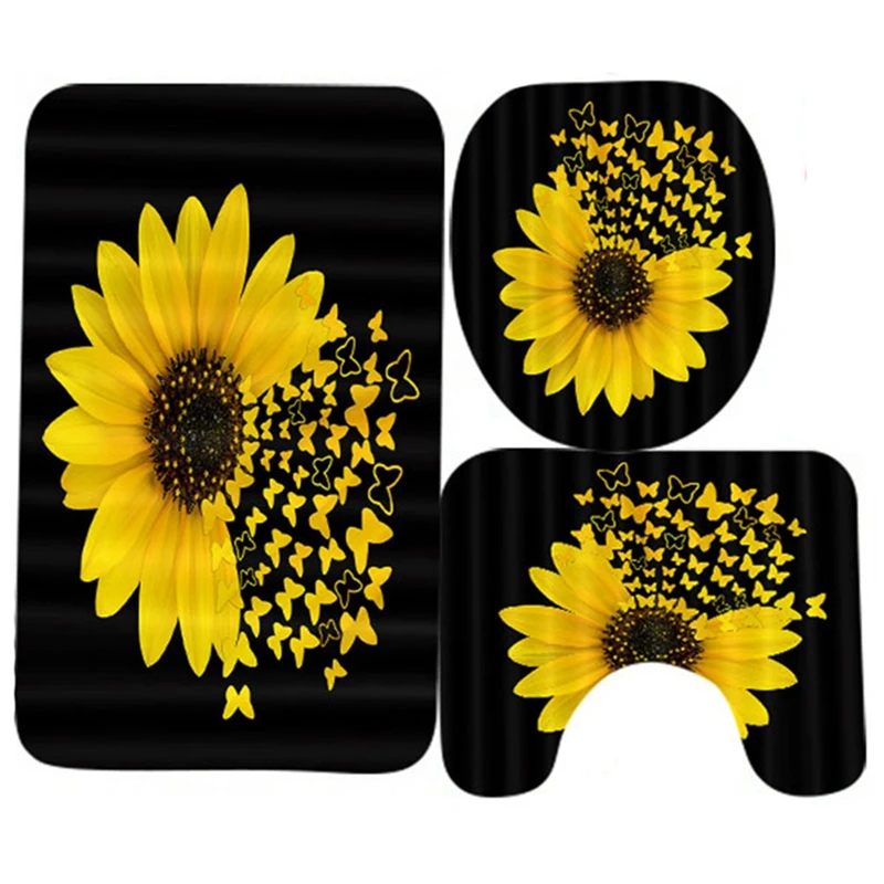 

BMBY-4PCS/Set Sunflower Butterfly Print Shower Curtain Waterproof Bathroom Curtain Toilet Cover Mat Non-Slip Rug Set Bathtub